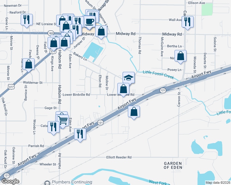 map of restaurants, bars, coffee shops, grocery stores, and more near 2013 Hemlock Drive in Fort Worth