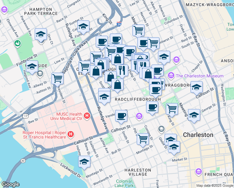 map of restaurants, bars, coffee shops, grocery stores, and more near 5 Jasper Street in Charleston