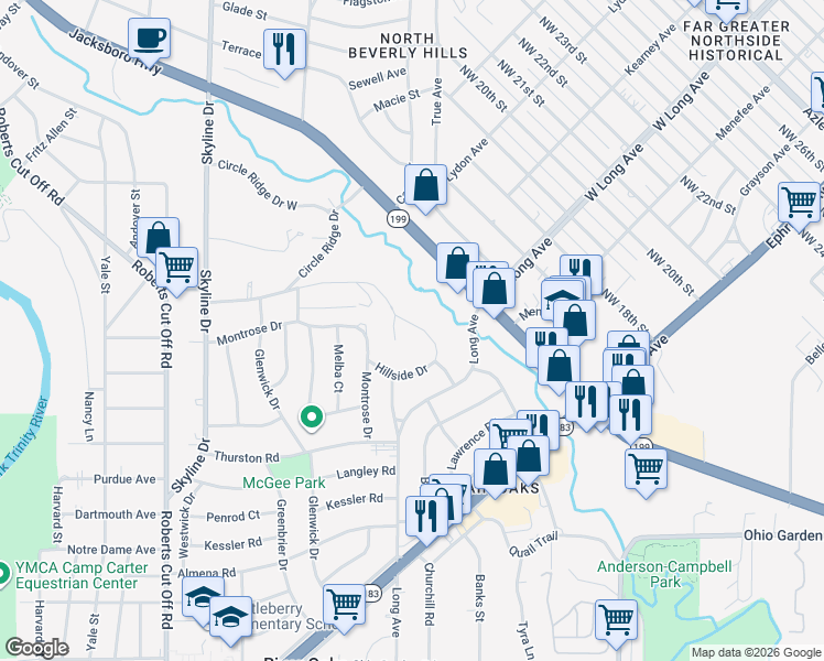 map of restaurants, bars, coffee shops, grocery stores, and more near 1721 Hillside Drive in River Oaks