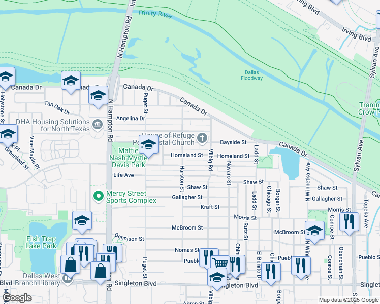 map of restaurants, bars, coffee shops, grocery stores, and more near 1843 Homeland Street in Dallas