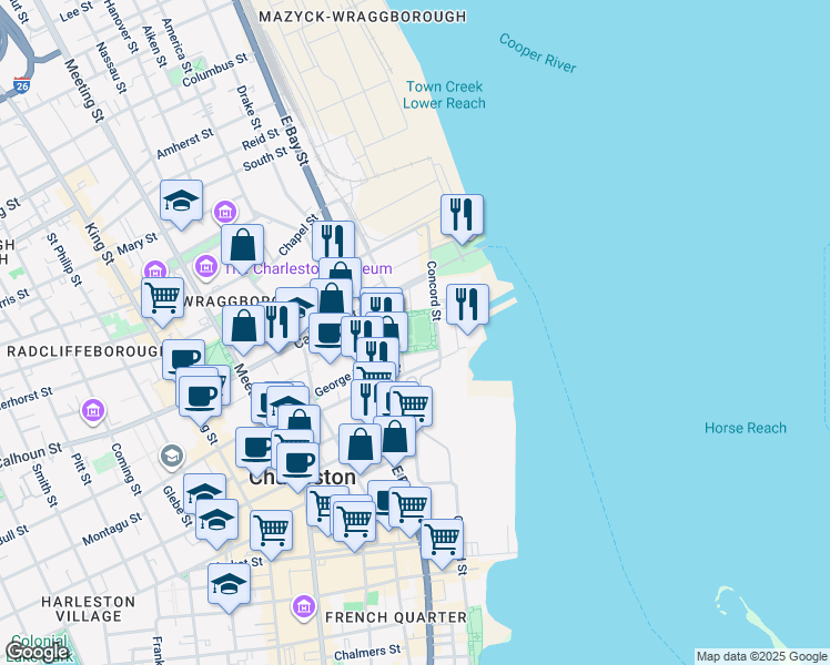 map of restaurants, bars, coffee shops, grocery stores, and more near 303 Concord Street in Charleston