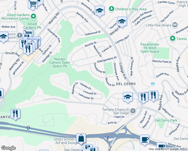 map of restaurants, bars, coffee shops, grocery stores, and more near 5859 Arboles Street in San Diego