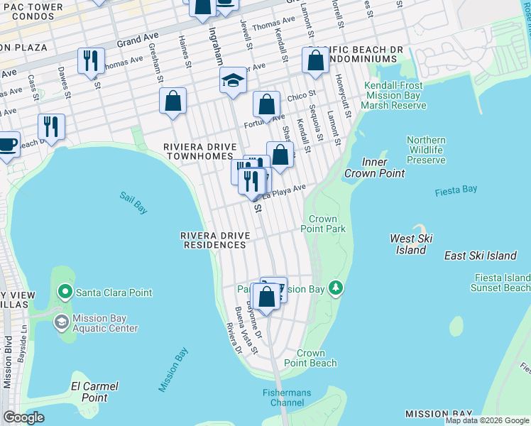 map of restaurants, bars, coffee shops, grocery stores, and more near 3755 Ingraham Street in San Diego