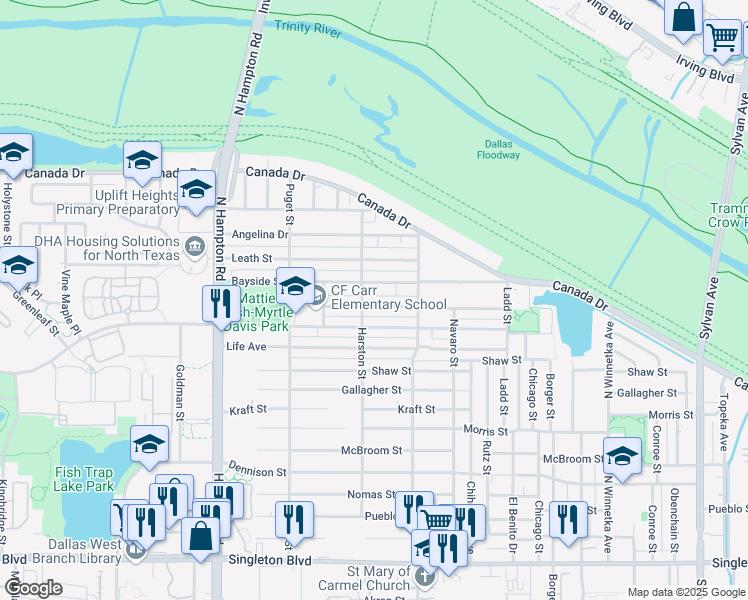 map of restaurants, bars, coffee shops, grocery stores, and more near 1847 Homeland Street in Dallas