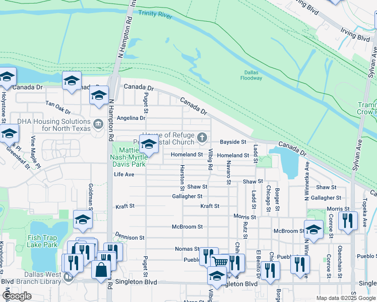 map of restaurants, bars, coffee shops, grocery stores, and more near 1847 Homeland Street in Dallas
