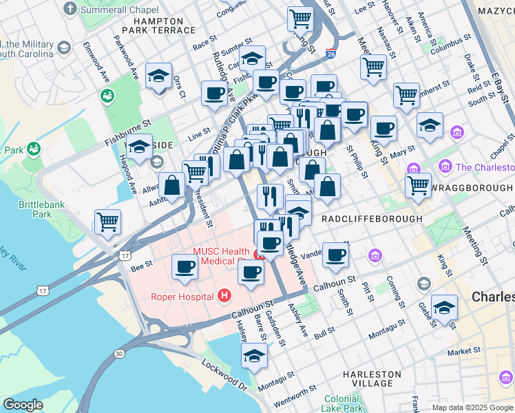 map of restaurants, bars, coffee shops, grocery stores, and more near 206 Ashley Avenue in Charleston