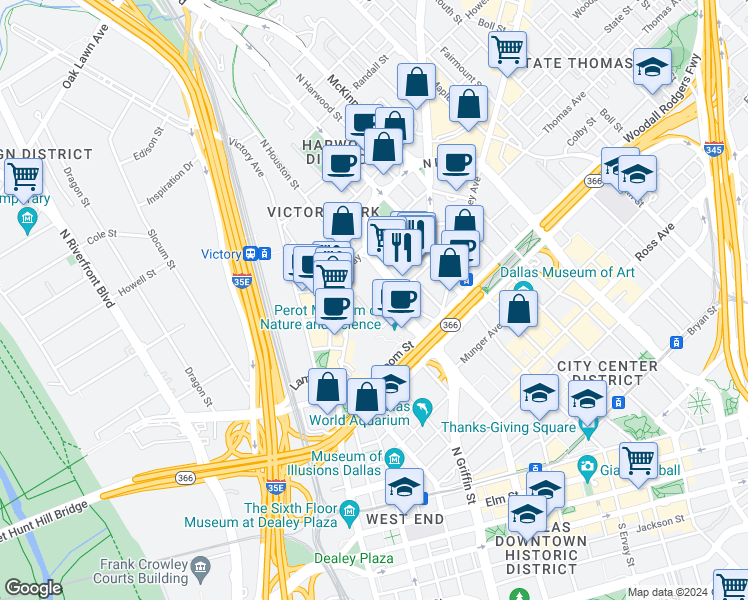 map of restaurants, bars, coffee shops, grocery stores, and more near 2323 North Field Street in Dallas