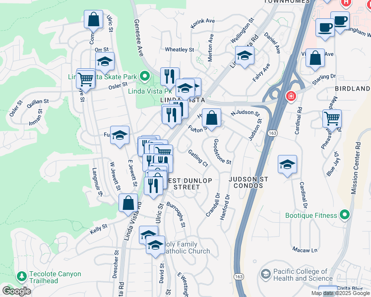 map of restaurants, bars, coffee shops, grocery stores, and more near 7137 Hyatt Street in San Diego