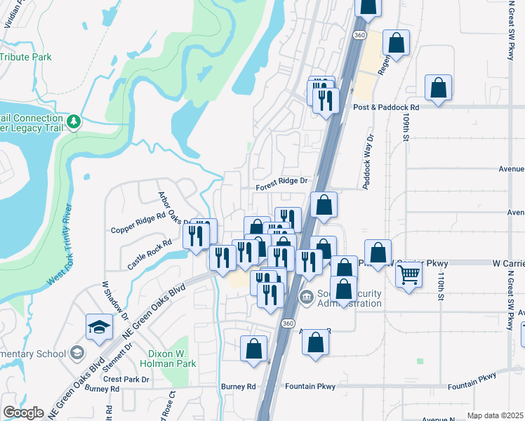 map of restaurants, bars, coffee shops, grocery stores, and more near 2175 North Highway 360 in Grand Prairie