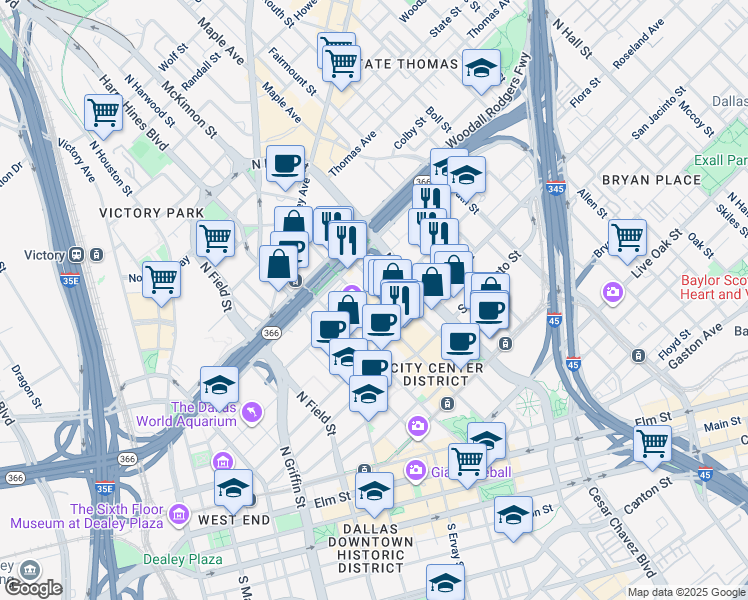 map of restaurants, bars, coffee shops, grocery stores, and more near 2001 Flora Street in Dallas
