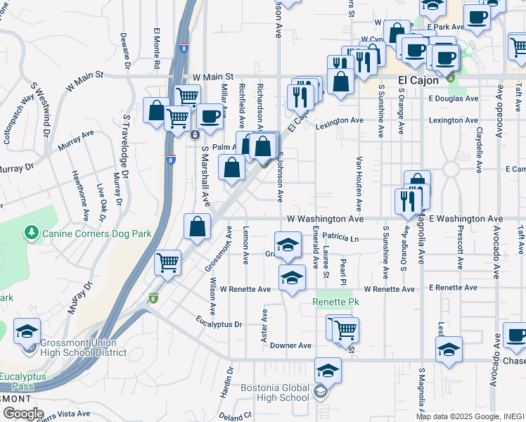 map of restaurants, bars, coffee shops, grocery stores, and more near 796-98 West Washington Avenue in El Cajon