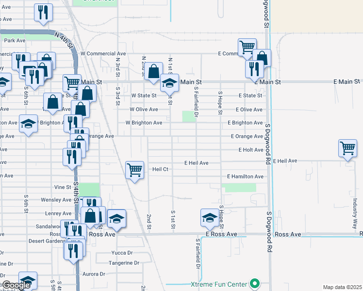 map of restaurants, bars, coffee shops, grocery stores, and more near 121 East Orange Avenue in El Centro