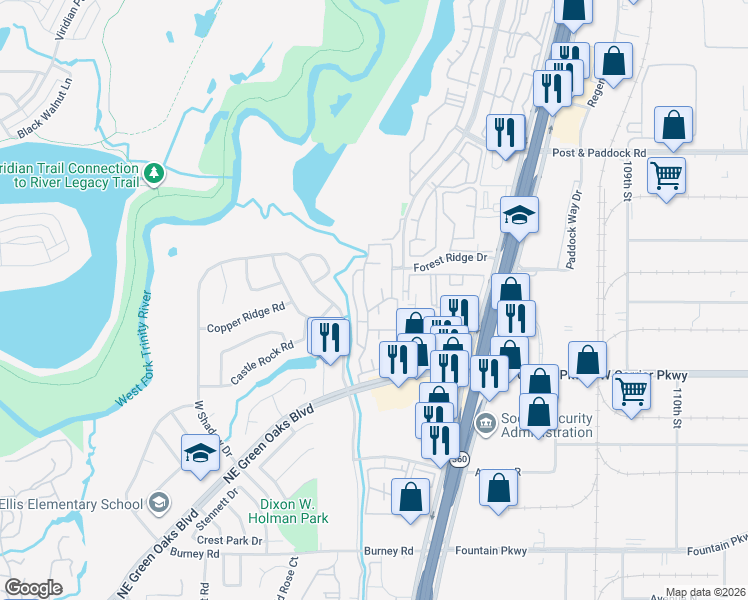 map of restaurants, bars, coffee shops, grocery stores, and more near 2508 Forest Point Drive in Arlington