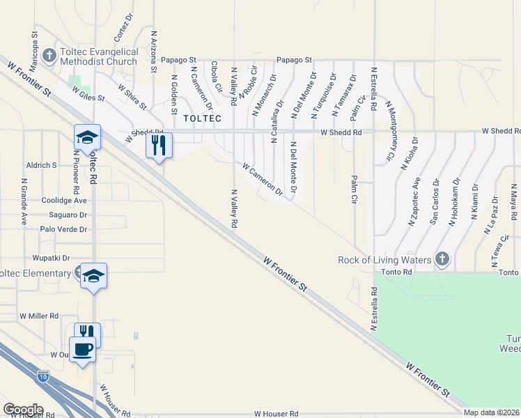 map of restaurants, bars, coffee shops, grocery stores, and more near 3360 West Atlantic Drive in Eloy