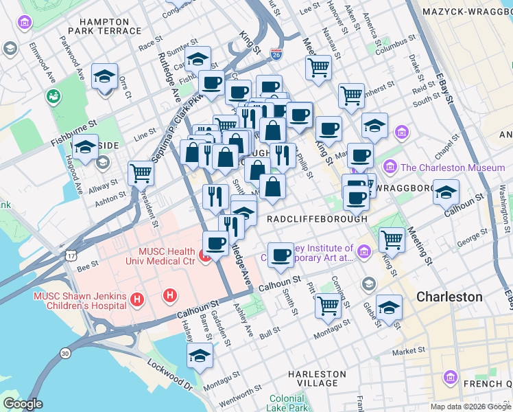map of restaurants, bars, coffee shops, grocery stores, and more near 71 Morris Street in Charleston
