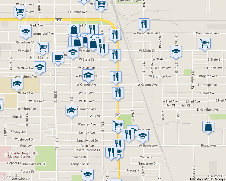 map of restaurants, bars, coffee shops, grocery stores, and more near 416 West Holt Avenue in El Centro