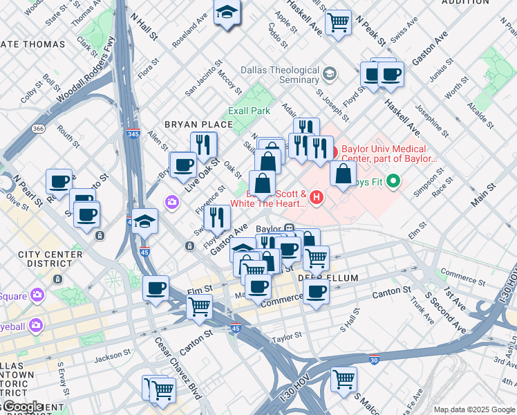 map of restaurants, bars, coffee shops, grocery stores, and more near 2919 Floyd Street in Dallas