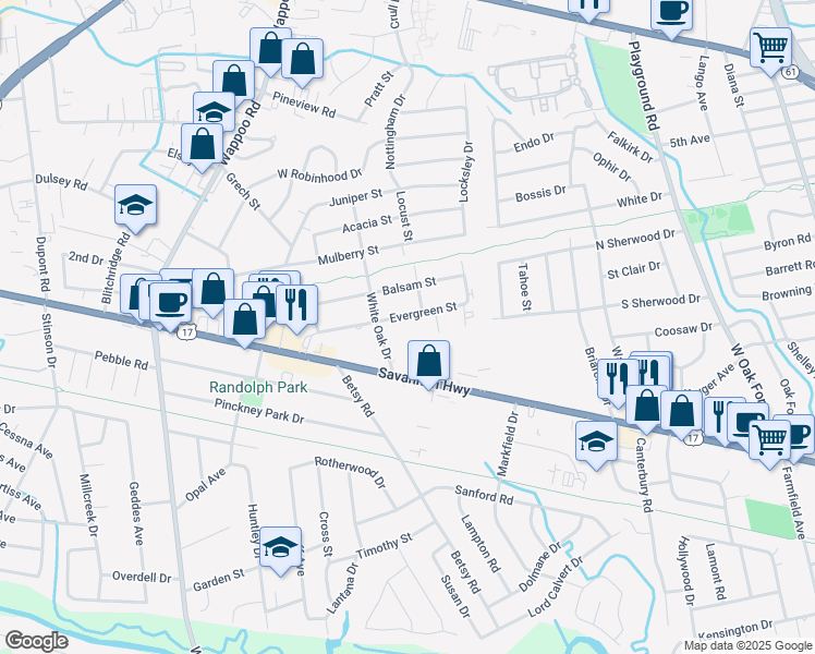 map of restaurants, bars, coffee shops, grocery stores, and more near 1527 Evergreen Street in Charleston