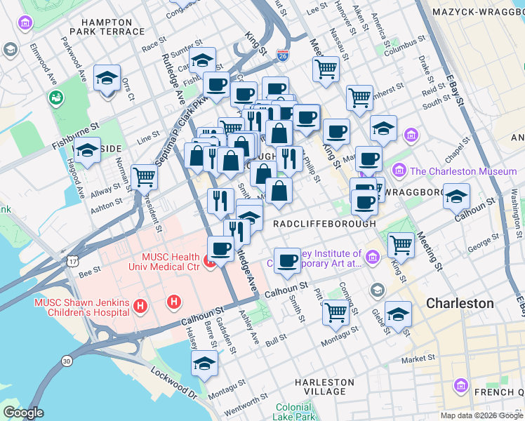 map of restaurants, bars, coffee shops, grocery stores, and more near 13 Marion Street in Charleston