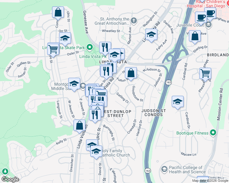 map of restaurants, bars, coffee shops, grocery stores, and more near 7128 East Hyatt Street in San Diego