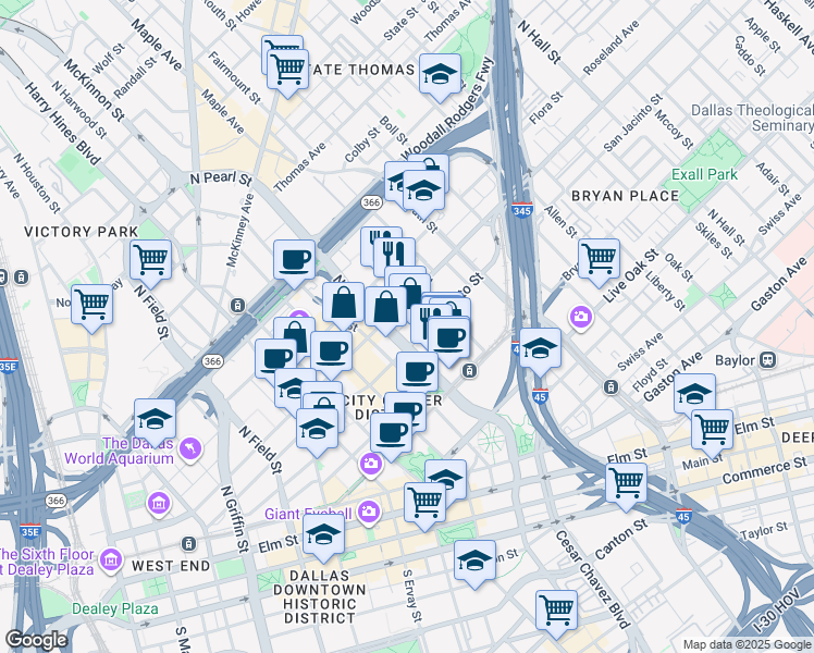 map of restaurants, bars, coffee shops, grocery stores, and more near 2200 Ross Avenue in Dallas