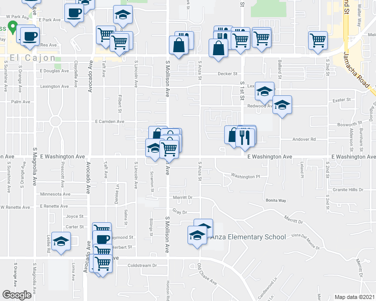 map of restaurants, bars, coffee shops, grocery stores, and more near 960 East Washington Avenue in El Cajon