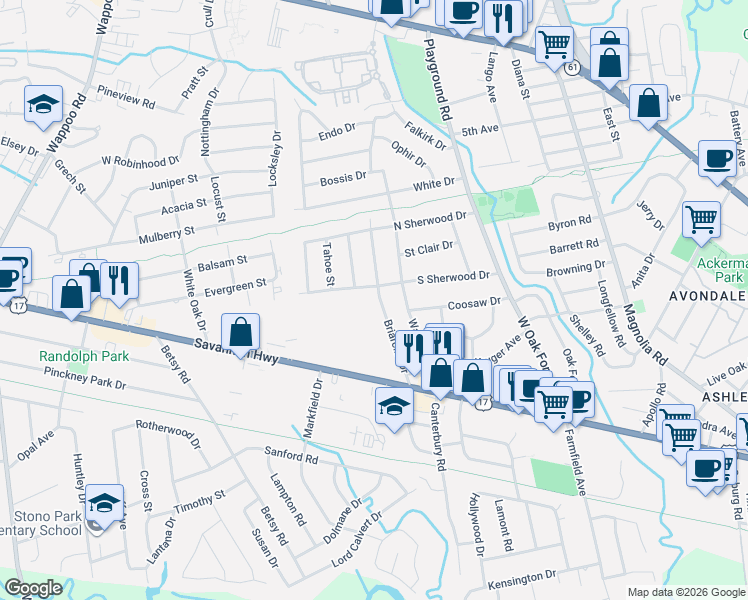 map of restaurants, bars, coffee shops, grocery stores, and more near 1419 South Sherwood Drive in Charleston