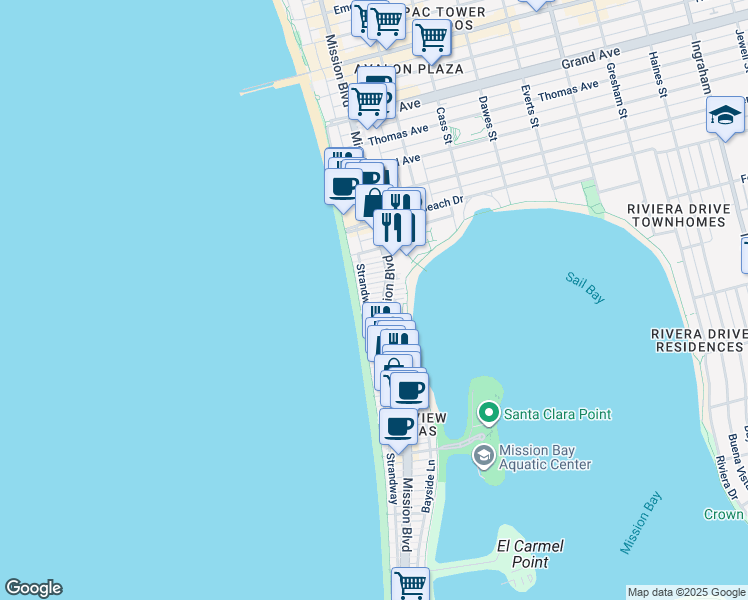 map of restaurants, bars, coffee shops, grocery stores, and more near 3944 Mission Boulevard in San Diego