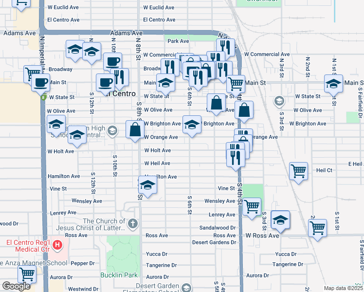 map of restaurants, bars, coffee shops, grocery stores, and more near 585 West Orange Avenue in El Centro