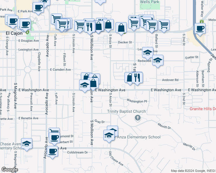 map of restaurants, bars, coffee shops, grocery stores, and more near 960 East Washington Avenue in El Cajon
