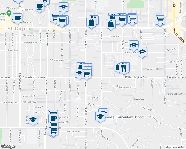 map of restaurants, bars, coffee shops, grocery stores, and more near 960 East Washington Avenue in El Cajon