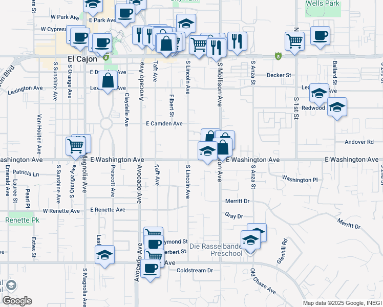 map of restaurants, bars, coffee shops, grocery stores, and more near 649 South Lincoln Avenue in El Cajon