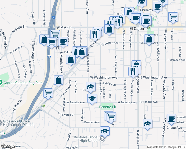 map of restaurants, bars, coffee shops, grocery stores, and more near 633 South Johnson Avenue in El Cajon