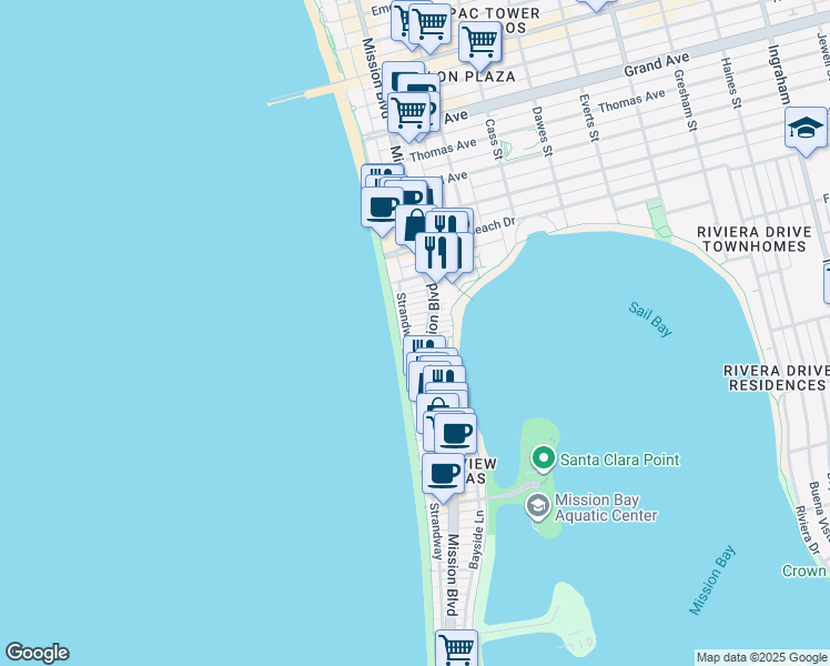 map of restaurants, bars, coffee shops, grocery stores, and more near 3944 Mission Boulevard in San Diego
