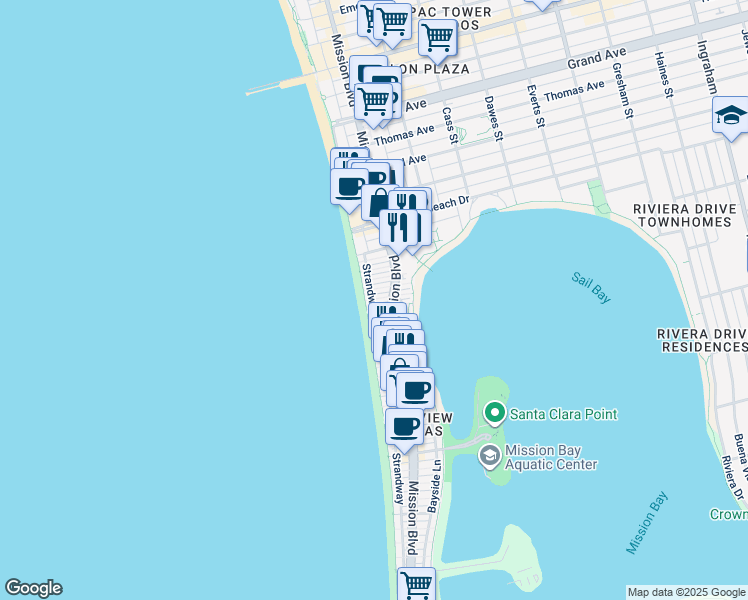 map of restaurants, bars, coffee shops, grocery stores, and more near 3944 Mission Boulevard in San Diego