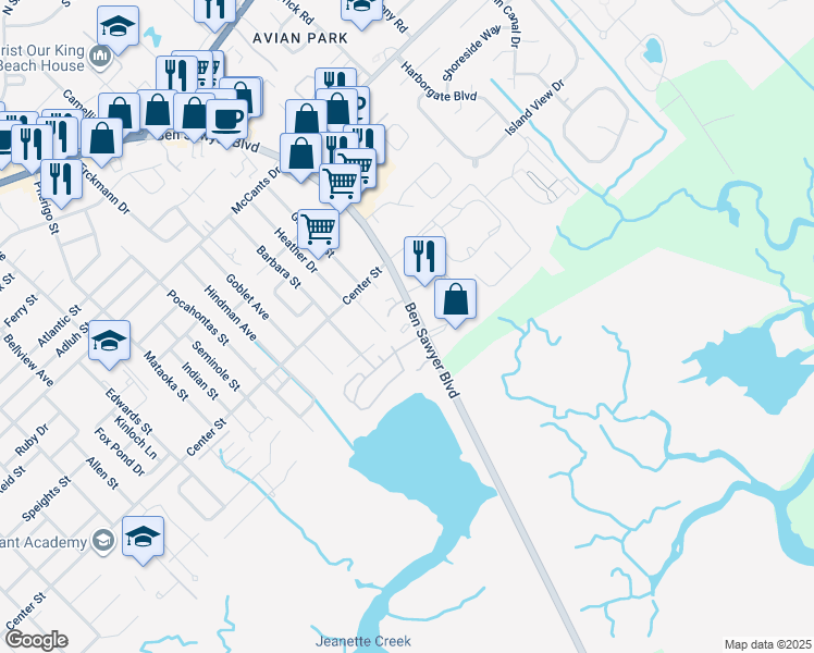 map of restaurants, bars, coffee shops, grocery stores, and more near 1517 Ben Sawyer Boulevard in Mount Pleasant