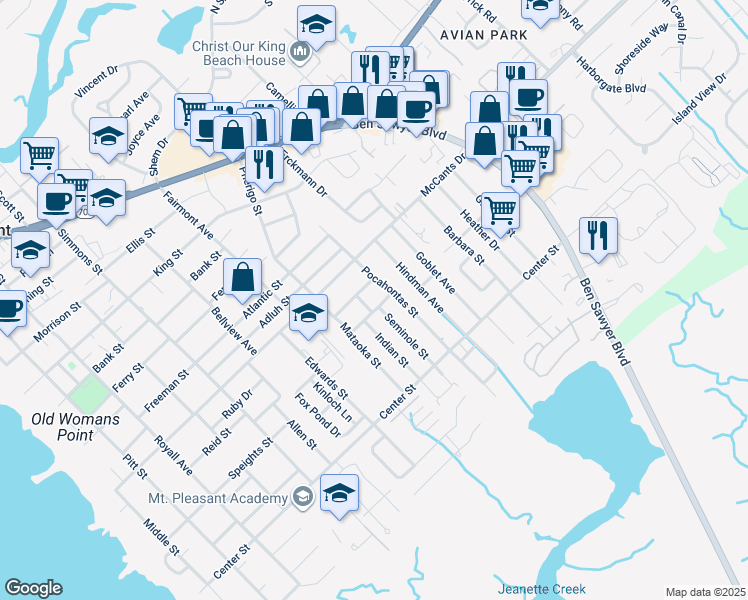 map of restaurants, bars, coffee shops, grocery stores, and more near 768 Sinlea Avenue in Mount Pleasant