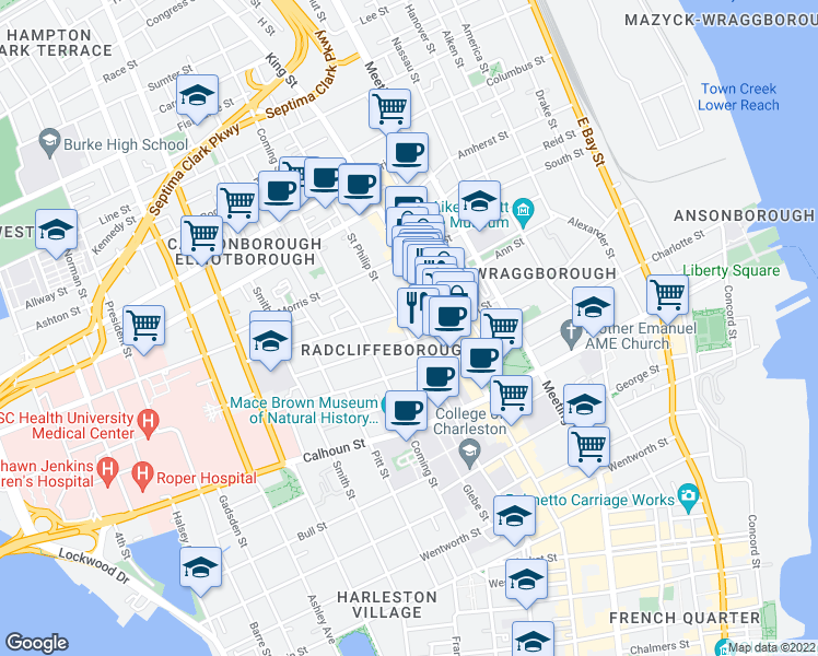 map of restaurants, bars, coffee shops, grocery stores, and more near 15 Radcliffe Street in Charleston