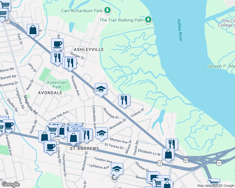 map of restaurants, bars, coffee shops, grocery stores, and more near 502 Reveille Court in Charleston