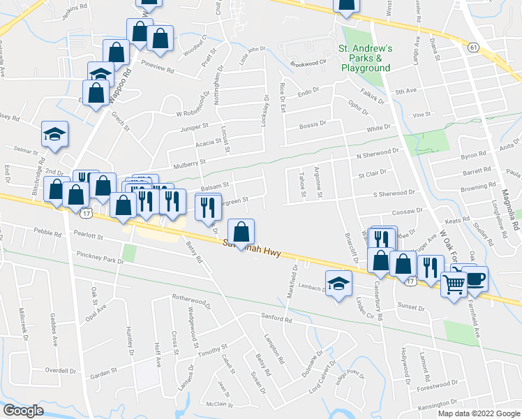 map of restaurants, bars, coffee shops, grocery stores, and more near 1507 Evergreen Street in Charleston