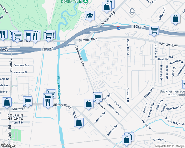 map of restaurants, bars, coffee shops, grocery stores, and more near 4104 Warbler Street in Dallas