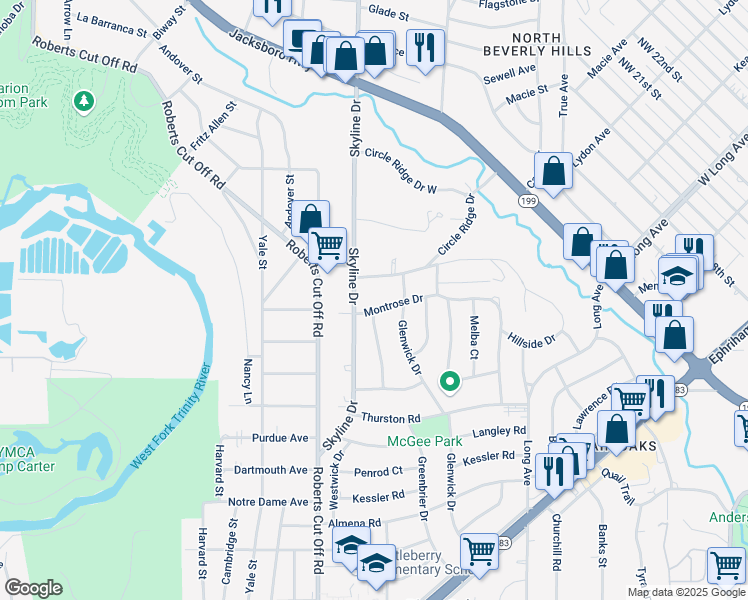 map of restaurants, bars, coffee shops, grocery stores, and more near 5141 Circle Ridge Drive in Fort Worth
