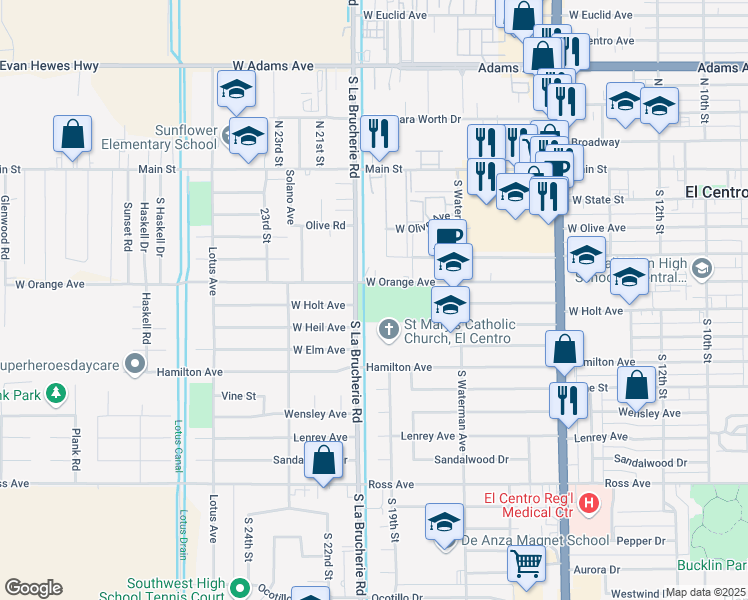 map of restaurants, bars, coffee shops, grocery stores, and more near 1939 West Orange Avenue in El Centro
