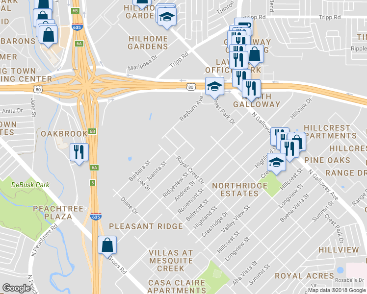 map of restaurants, bars, coffee shops, grocery stores, and more near 1524 Juanita Street in Mesquite
