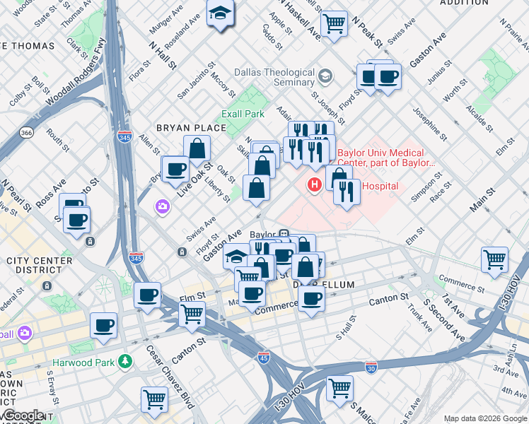 map of restaurants, bars, coffee shops, grocery stores, and more near 1103 Gaston Avenue in Dallas