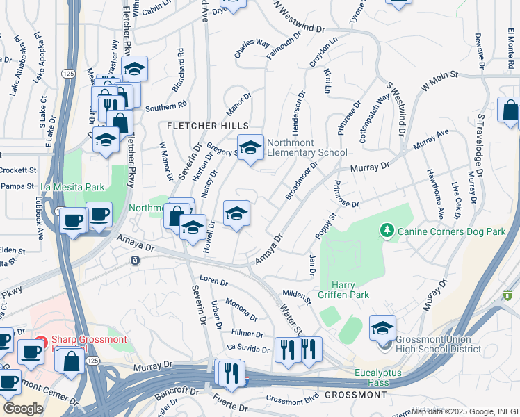map of restaurants, bars, coffee shops, grocery stores, and more near 7 White Place in La Mesa