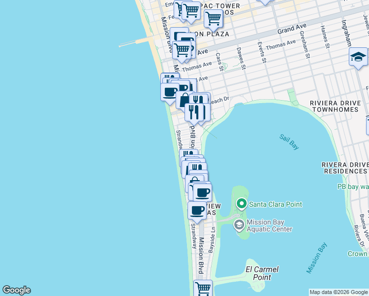 map of restaurants, bars, coffee shops, grocery stores, and more near 3944 Mission Boulevard in San Diego