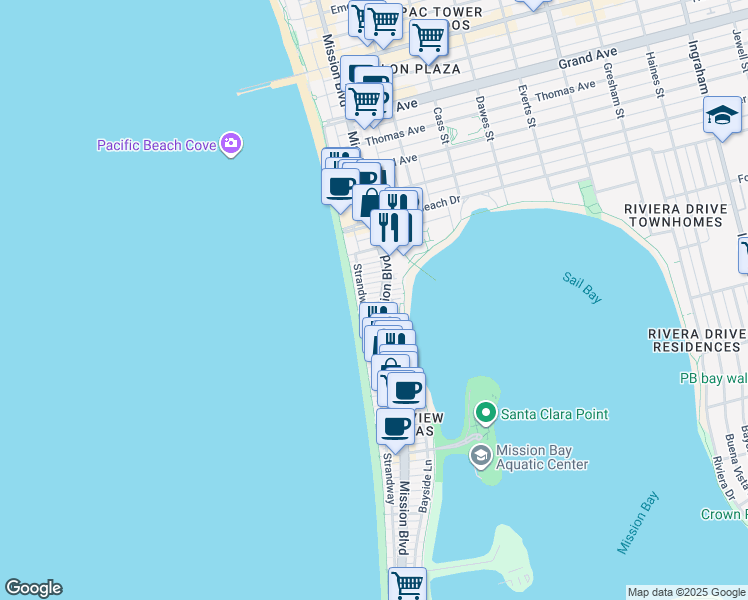 map of restaurants, bars, coffee shops, grocery stores, and more near 3944 Mission Boulevard in San Diego