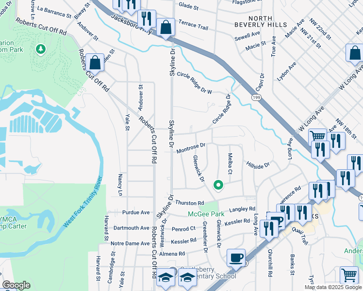 map of restaurants, bars, coffee shops, grocery stores, and more near 5141 Circle Ridge Drive in Fort Worth