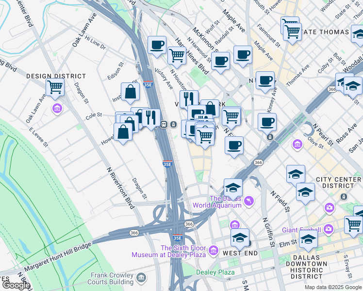 map of restaurants, bars, coffee shops, grocery stores, and more near 2425 Victory Avenue in Dallas